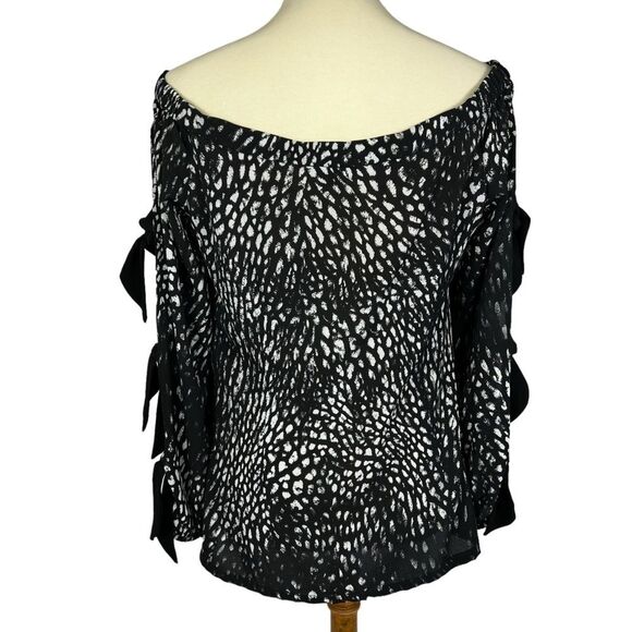 Alberto Makali Black White Animal Print Slit Long Sleeve Bow Accent Top Medium - Picture 2 of 11